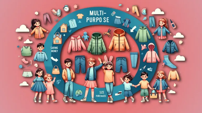 An illustration with a pink background and a central theme of "MULTI-PURPOSE" savings in children's clothing. It shows cartoon children in various outfits, with smaller sizes on the left and larger ones on the right, symbolizing the idea of buying bigger clothes for children to grow into as a cost-saving measure.