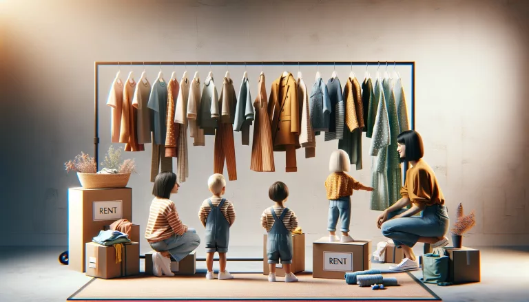 Children and adults selecting trendy, rentable clothes from a minimalist rack, emphasizing sustainability, affordability, and a personal touch in children's fashion.