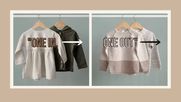A clothing swap concept with two panels: "ONE IN" pointing towards new clothes on the left, and "ONE OUT" indicating clothes to be replaced on the right.