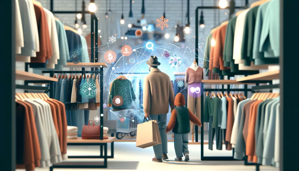 An adult and child in a clothing store with shopping bags, surrounded by digital commerce icons and network particles, representing a smart retail environment.