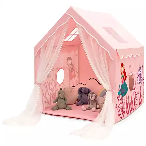 GYMAX Kids Playhouse/Tent, Large Indoor Playhouse with Washable Mat & Windows, Children Play Tent for Girls Boys Gift (Pink)