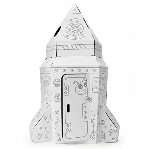 Novecrafto Cardboard Spaceship Rocket Playhouse for Kids to Colour DIY Creative Playhouses Durable Cardboard Shuttle Colouring Playhouse for Kids Indoor XL Size
