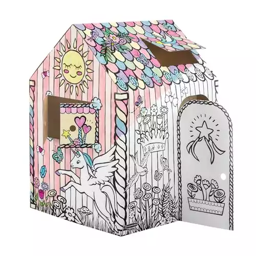 BANKERS BOX at Play Unicorn House Cardboard Playhouse for Children Craft Colouring - 100% Recyclable - FSC Certified - White